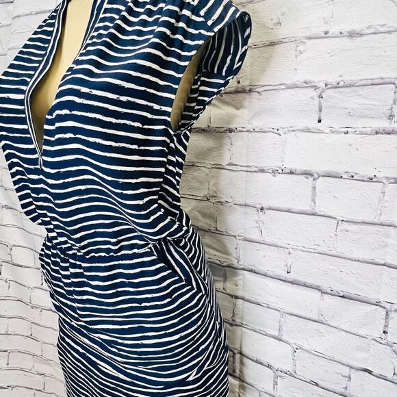 Banana Republic Womens Blue & Cream Striped Cap Sleeve Split Neck Blouson Dress - Picture 4 of 10